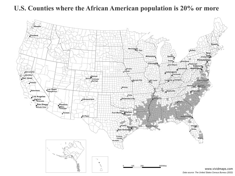 Hrabstwa USA, w których 20 proc. lub więcej populacji to osoby czarnoskóre (Afroamerykanie), 2022