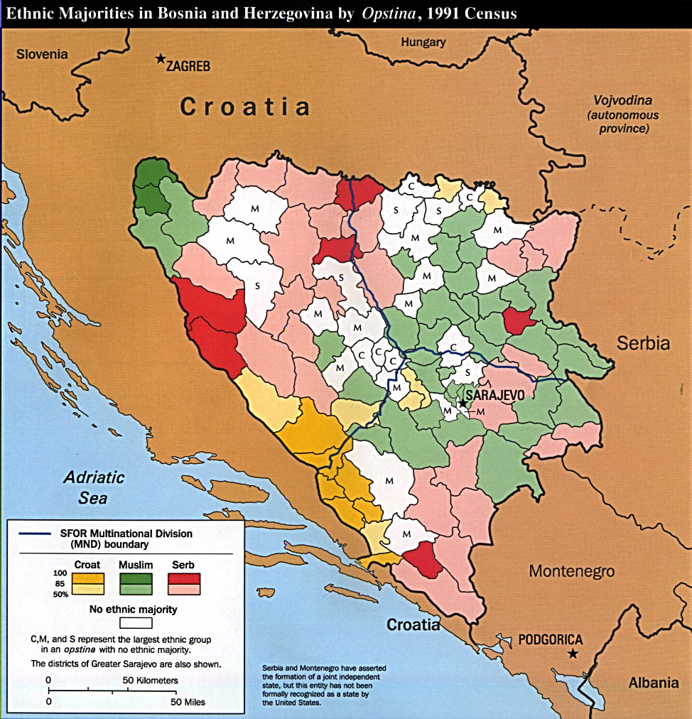 Mapa etniczna Bośni i Hercegowiny, spis ludności 1991, CIA 1997