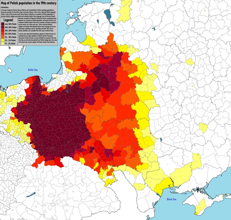 Polacy na okupowanych przez zaborców ziemiach byłej I RP w XIX wieku (mapa etniczna)