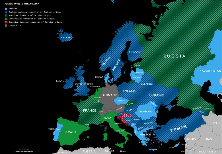 Narodowość Nikoli Tesla według języków różnych krajów w Wikipedii