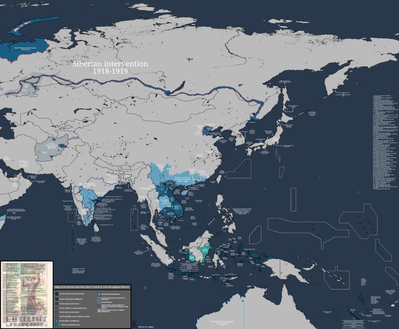 Maksymalny zasięg imperium francuskiego w Azji. Mapa terytoriów, które były francuskie w Azji na przestrzeni dziejów