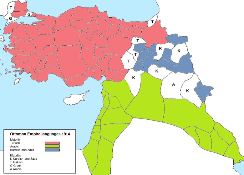 Mapa językowa Imperium Osmańskiego w 1914 roku, dominujące język w prowincji