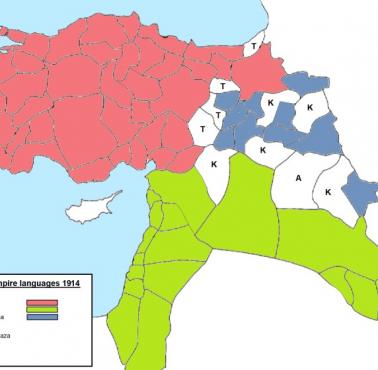 Mapa językowa Imperium Osmańskiego w 1914 roku, dominujące język w prowincji