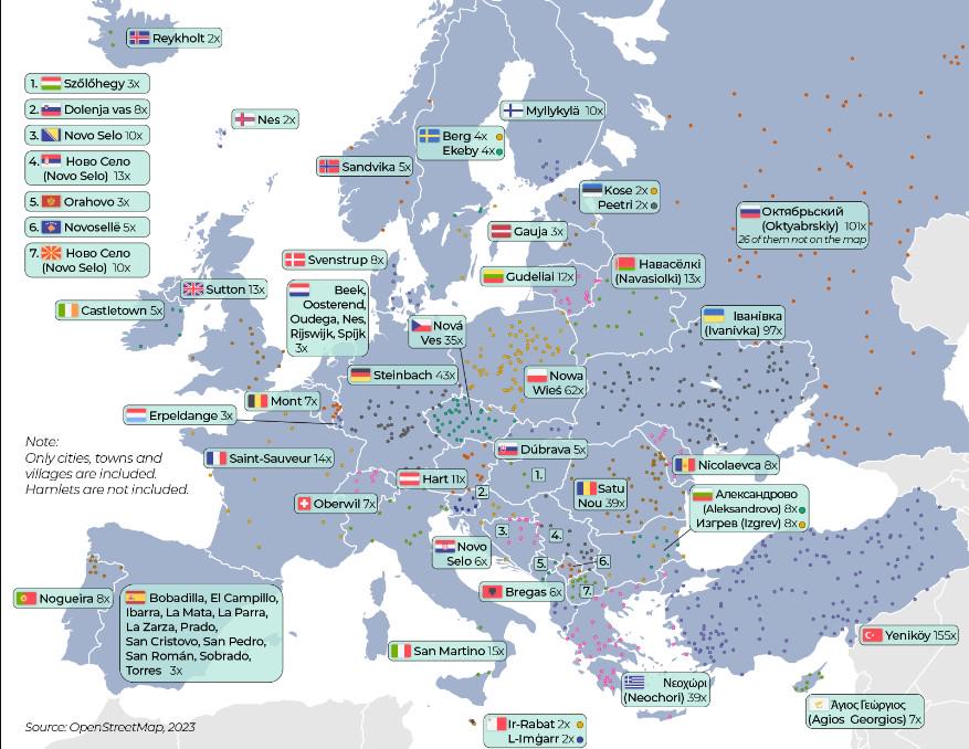 Najpopularniejsze nazwy miejscowości w krajach europejskich, 2023