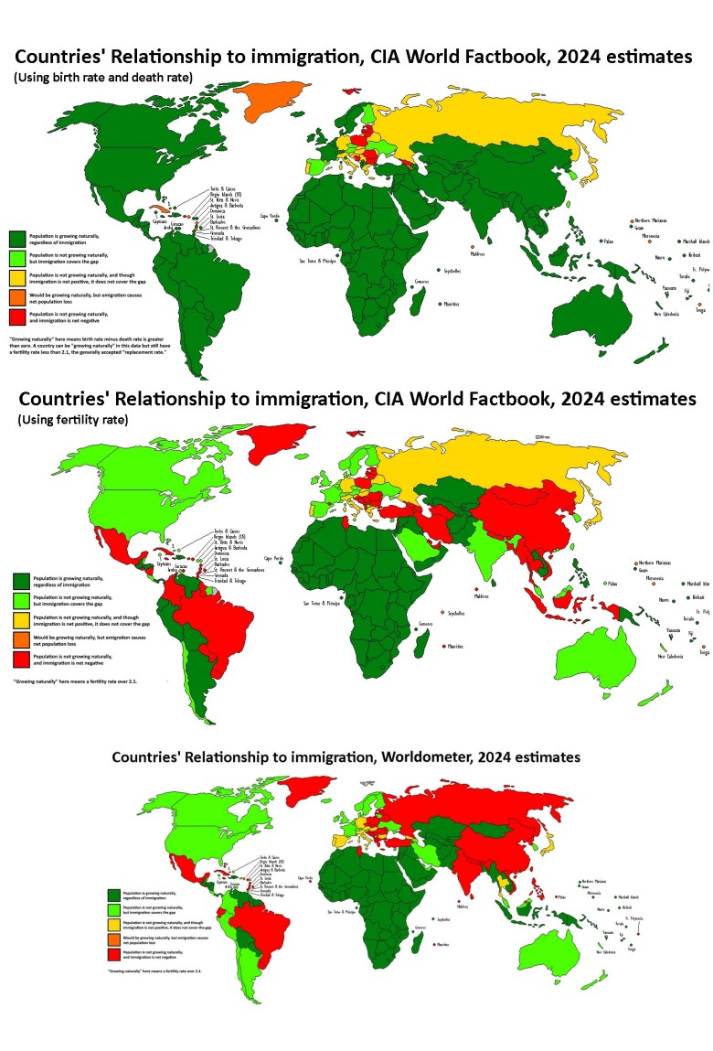 Relacje między dzietnością a imigracją w poszczególnych krajach, Worldometer i CIA World Factbook, 2024