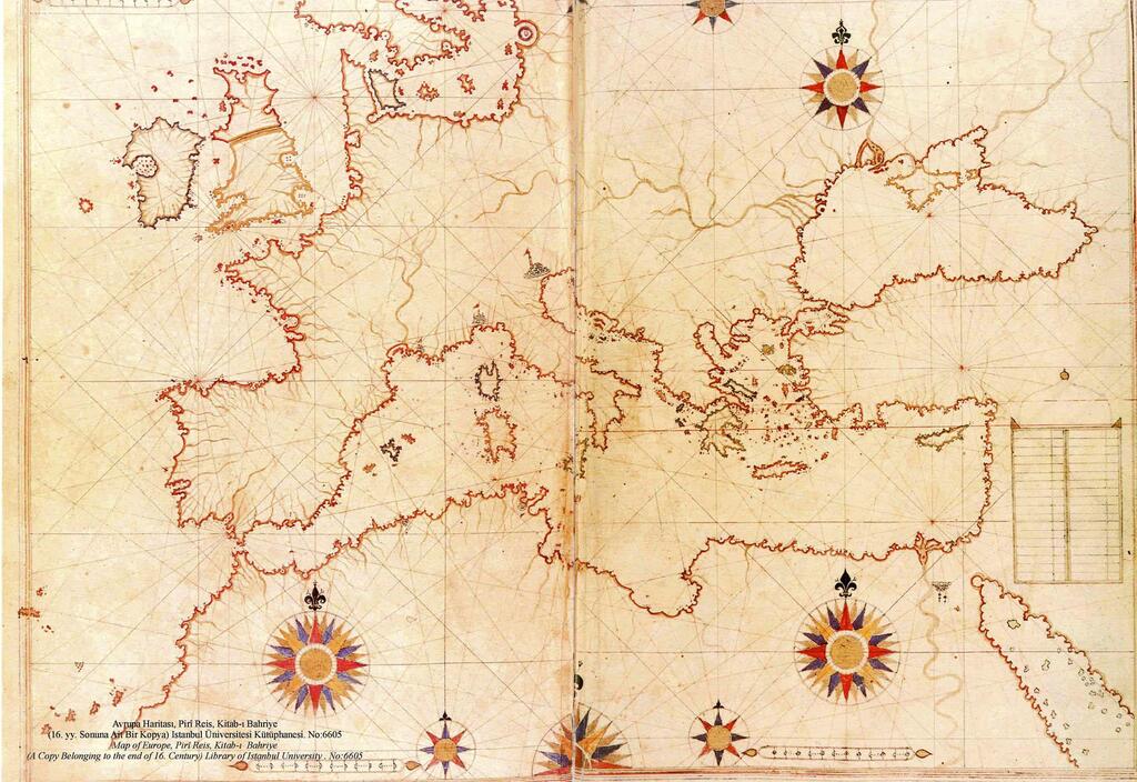 Mapa Europy, Bliskiego Wschodu i Afryki Pn wykonana przez Piri Reisa (Piri Ibn Hadżi Memmed) w 1513 roku