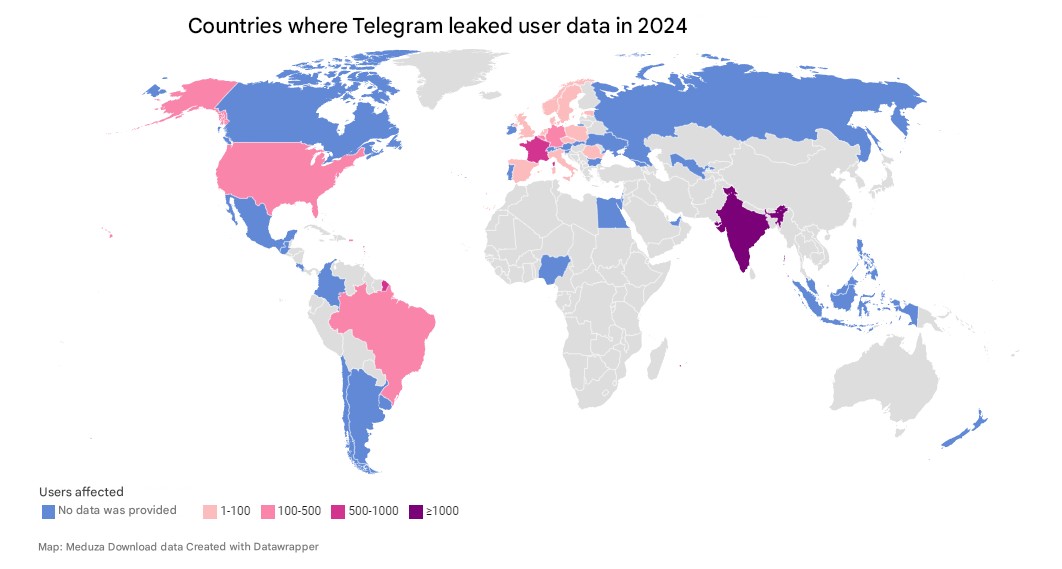 Kraje, w których Telegram ujawnił dane użytkowników w 2024 r.