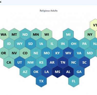 Odsetek osób w stanach USA, które są „wysoce religijne”, 2024