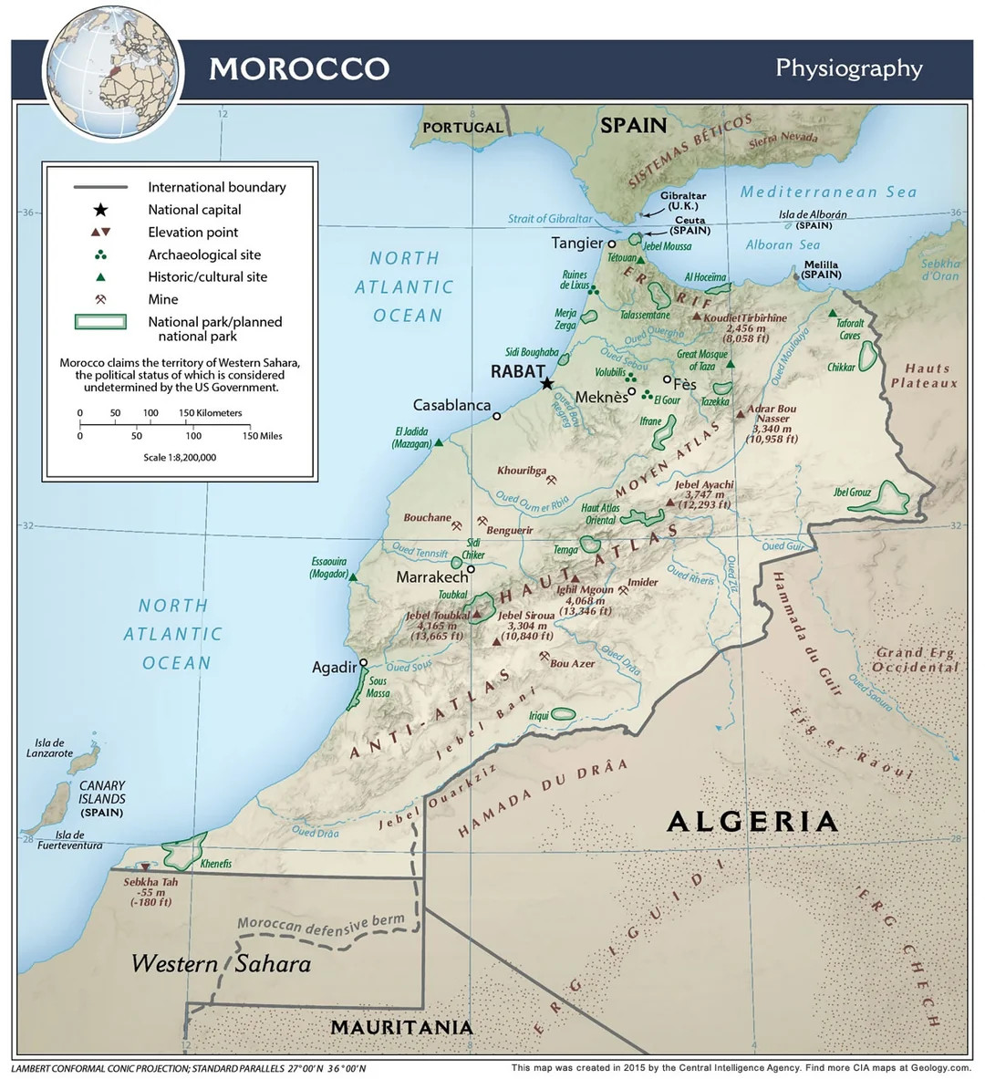 Mapa Maroka z naniesionymi kopalniami, 2015, CIA
