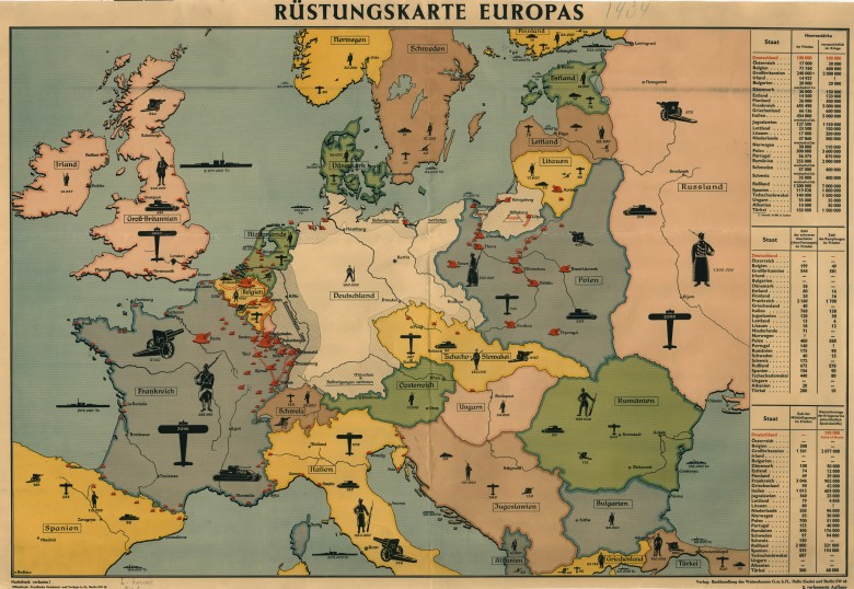 Niemiecka mapa propagandowa uzbrojenia Europy przed II wojną światową, 1934 r.