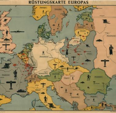 Niemiecka mapa propagandowa uzbrojenia Europy przed II wojną światową, 1934 r.