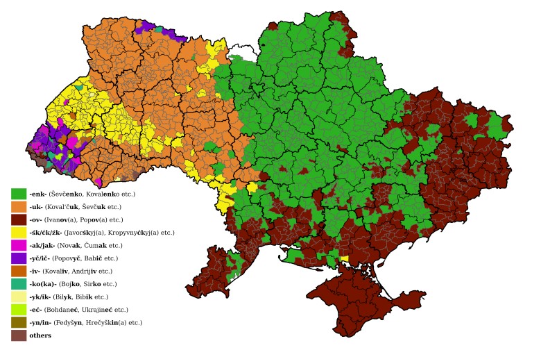 Najpopularniejsze przyrostki nazwisk w Ukrainie, według gmin