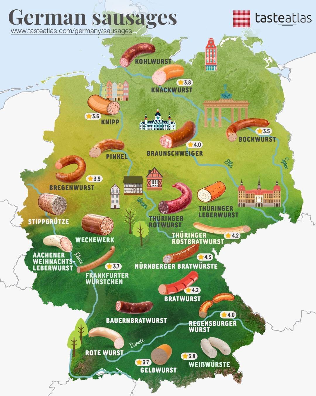 Niemieckie kiełbasy (wursty) w poszczególnych regionach