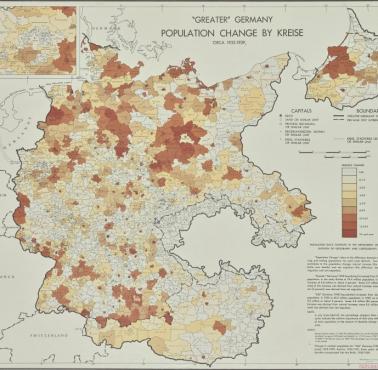 Zmiana liczby ludności według powiatów w latach 1933-1939 w Niemczech (Wielkie Niemcy), mapa wydana w 1945 roku