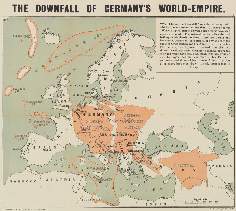 Utracone niemieckie posiadłości kolonialne nałożone na mapę Europy, lata 1917-1919
