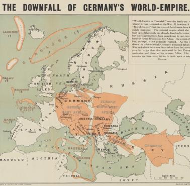 Utracone niemieckie posiadłości kolonialne nałożone na mapę Europy, lata 1917-1919