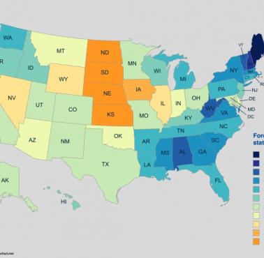 Gęstość pokrywy lasów w USA z podziałem na stany