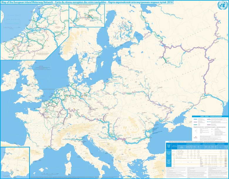 Szczegółowa mapa żeglownych śródlądowych dróg wodnych w Europie, 2018