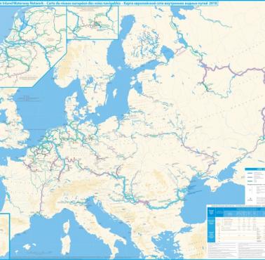 Szczegółowa mapa żeglownych śródlądowych dróg wodnych w Europie, 2018