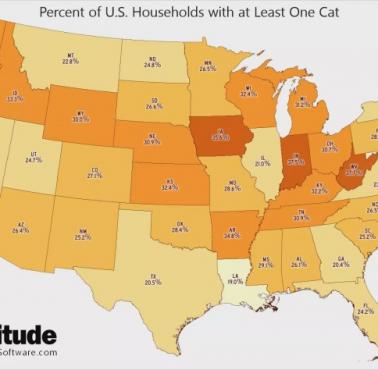 Popularność kotów w poszczególnych stanach USA, 2024