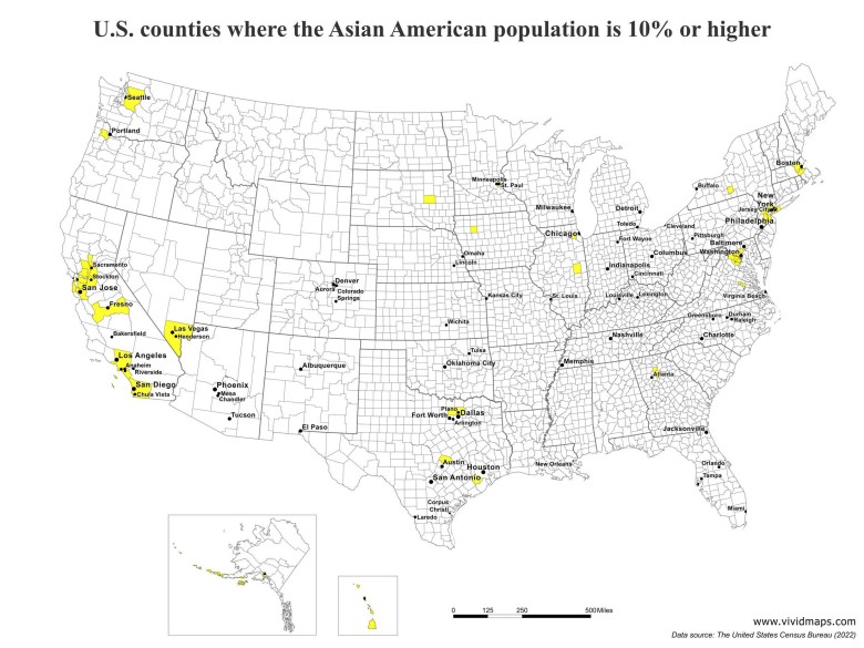 Hrabstwa USA, w których 10 proc. lub więcej populacji to Azjaci, 2022