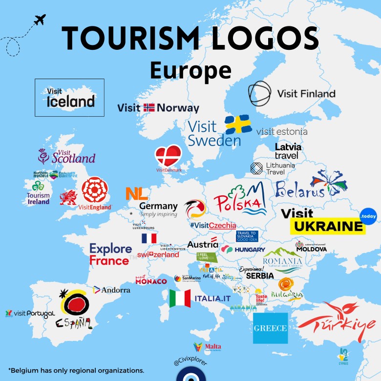 Oficjalne logo reklamujące organizacje turystyczne w krajach europejskich