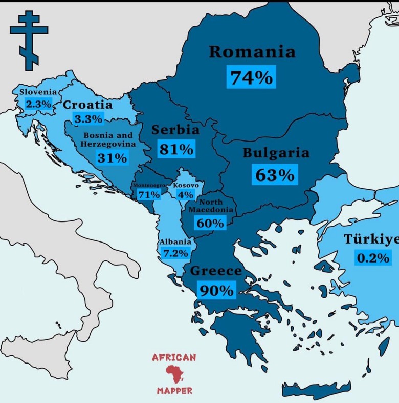 Odsetek prawosławnych na Bałkanach, data badan nieznana, prawdopodobnie 2024
