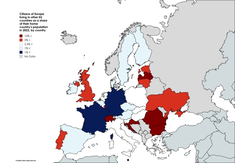 Obywatele Europy mieszkający w innych krajach UE jako odsetek ludności kraju pochodzenia w 2022 r., według kraju