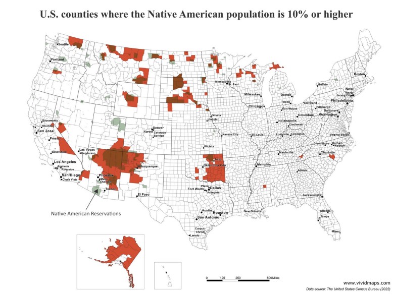 Hrabstwa USA, w których 10 proc. lub więcej populacji to Indianie, 2022