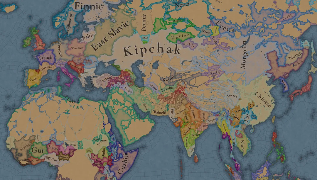 Mapa dominujących języków i grupy językowe w 1337 roku w Eurazji  i Afryce Północnej