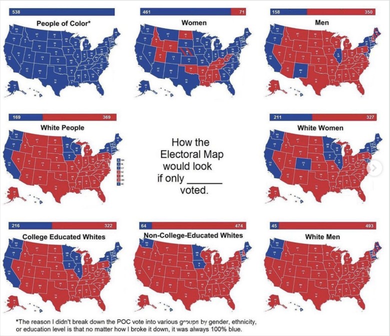 Mapa wyborów prezydenckich w USA 2024 z podziałem na stany i grupy etniczne
