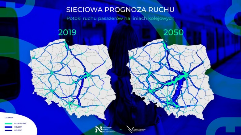 Prognoza ruchu w polskiej sieci kolejowej w 2050 roku (wyjściowa 2019). Bez uwzględnienia, że to będą głównie starcy
