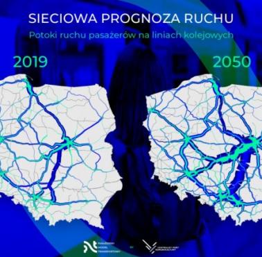 Prognoza ruchu w polskiej sieci kolejowej w 2050 roku (wyjściowa 2019). Bez uwzględnienia, że to będą głównie starcy