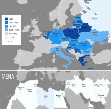 Procentowy ubytek populacji żydowskiej spowodowany m.in.holocaustem w Europie, Bliskim Wschodzie i Afryce Północnej