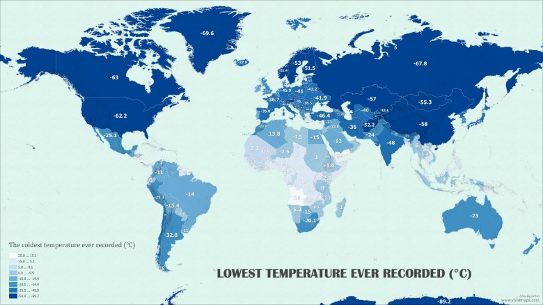 Najniższa odnotowana temperatura w poszczególnych krajach świata