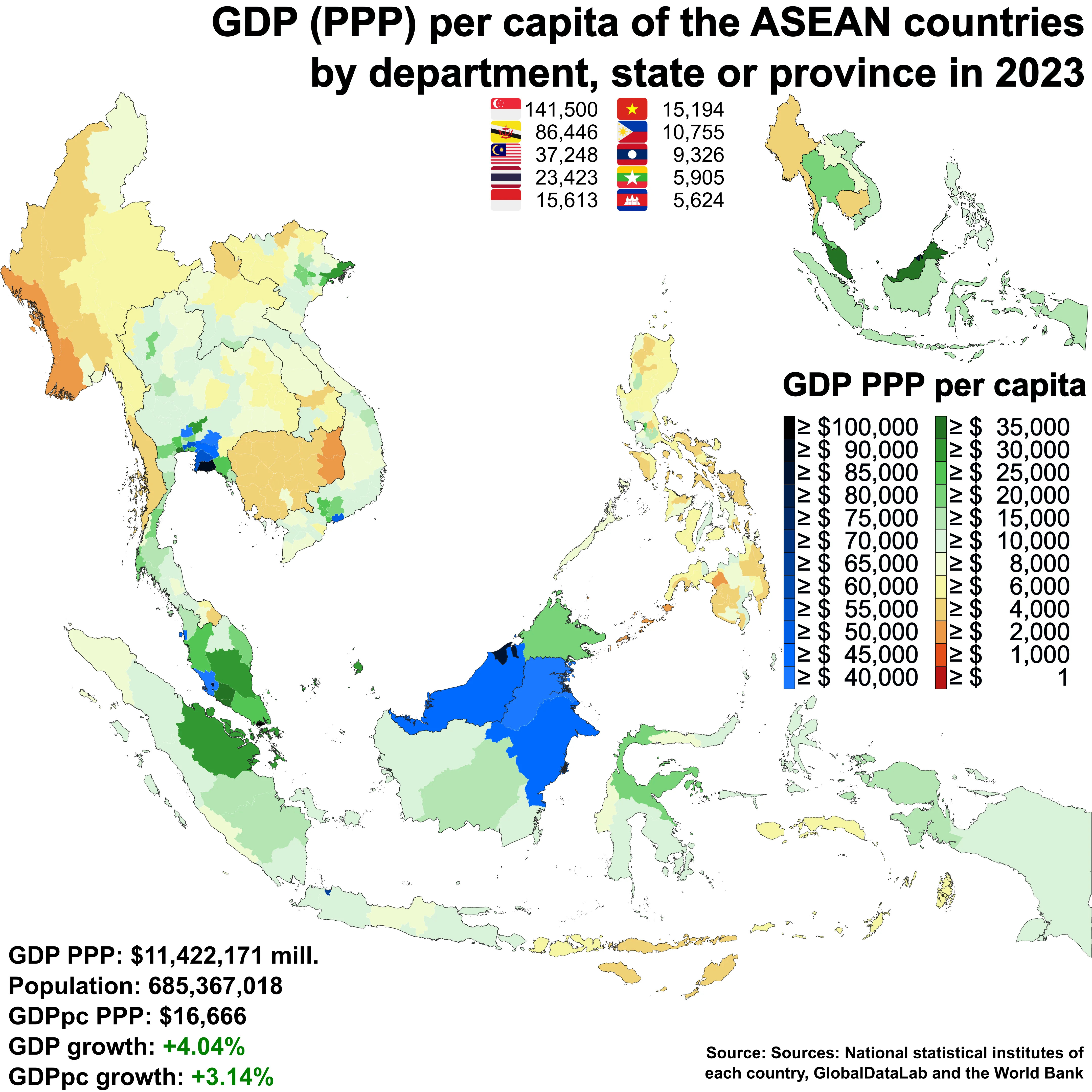 Dochód na mieszkańca (per capita) według parytetu siły nabywczej (PPP) w krajach ASEAN, Azja Pd-W, 2023