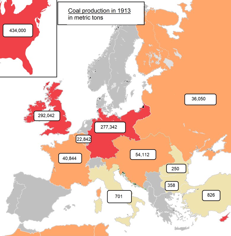 Produkcja węgla w 1913 r. w Europie i USA