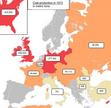 Produkcja węgla w 1913 r. w Europie i USA