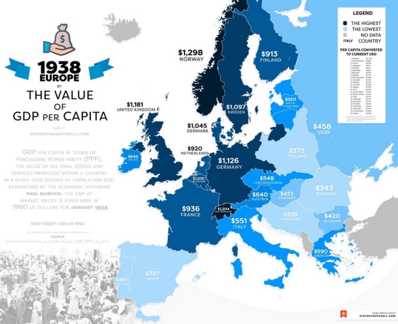 PKB na mieszkańca (per capita) w Europie przed II wojną światową, 1938