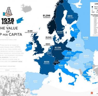PKB na mieszkańca (per capita) w Europie przed II wojną światową, 1938