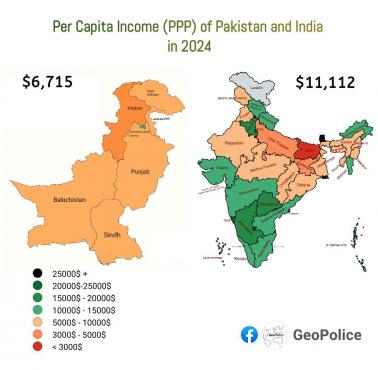 Dochód na mieszkańca (per capita) według parytetu siły nabywczej (PPP) Pakistanu i Indii w 2024 roku