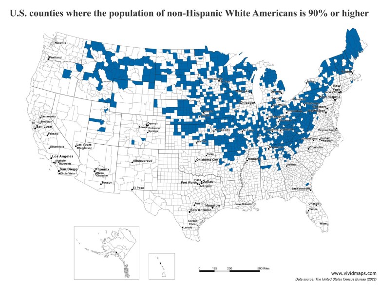 Hrabstwa USA, w których 90 proc. lub więcej populacji to biali mieszkańcy (bez Latynosów), 2022