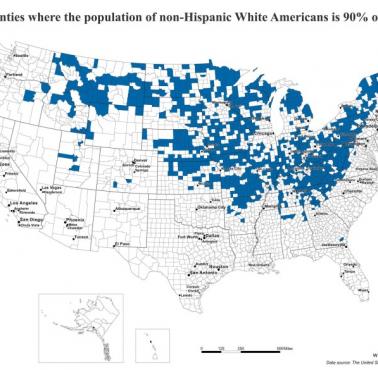 Hrabstwa USA, w których 90 proc. lub więcej populacji to biali mieszkańcy (bez Latynosów), 2022