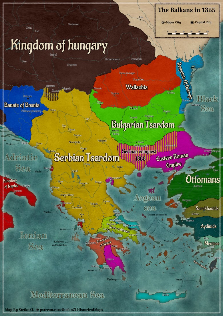 Mapa Bałkanów, 1355 rok