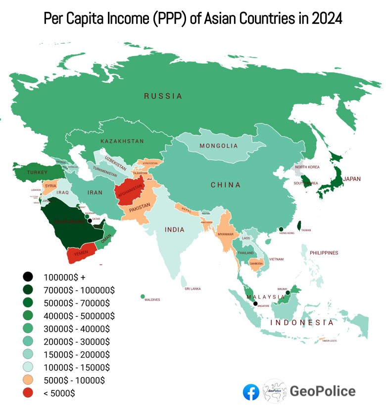 PKB na mieszkańca (per capita) według parytetu siły nabywczej (PPP) krajów Azji, 2024