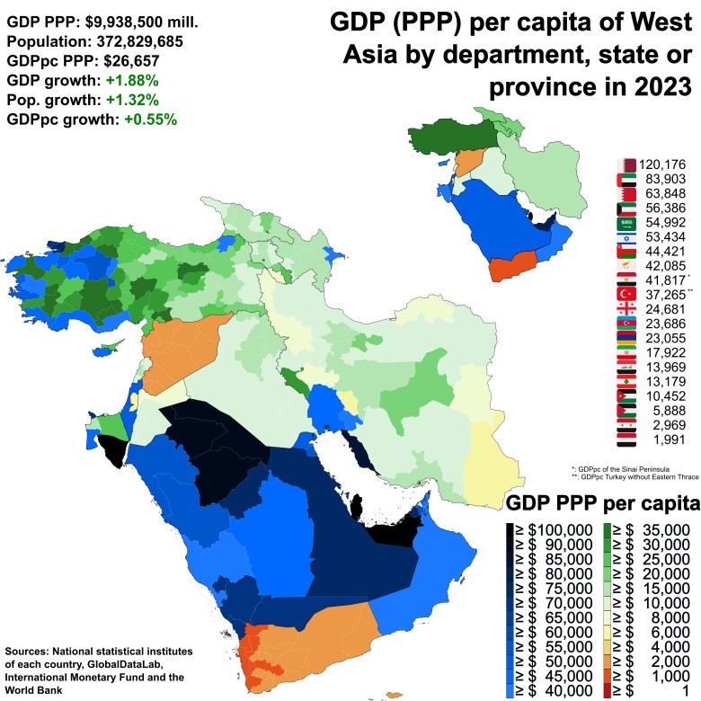 PKB na mieszkańca (per capita) według parytetu siły nabywczej (PPP) krajów Bliskiego Wschodu (Lewant), 2023