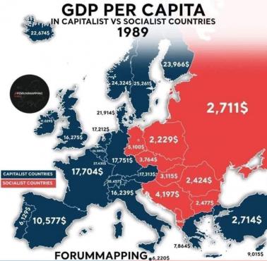 PKB na mieszkańca (per capita) w Europie tuż przed końcem Zimnej Wojny, 1989