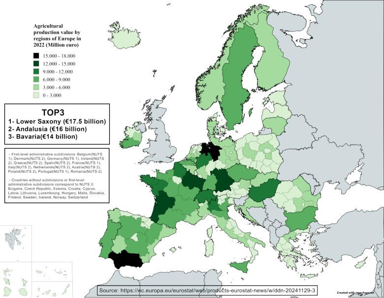 Wartość produkcji rolnej według regionów Europy w 2022 r. (w mln euro)