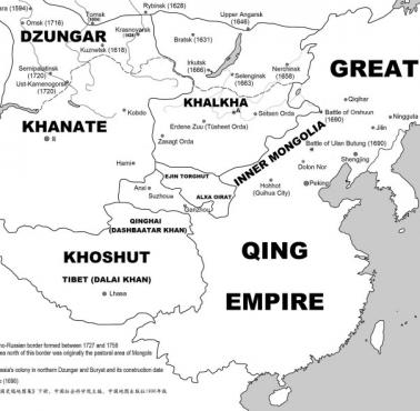 Chiny cesarskie dynastii Qing z obszarami autonomicznymi. Widać obszary okupowane do dzisiaj przez Rosję
