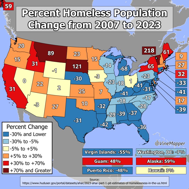 Procentowa zmiana populacji osób bezdomnych w USA w latach 2007-2023 z podziałem na stany
